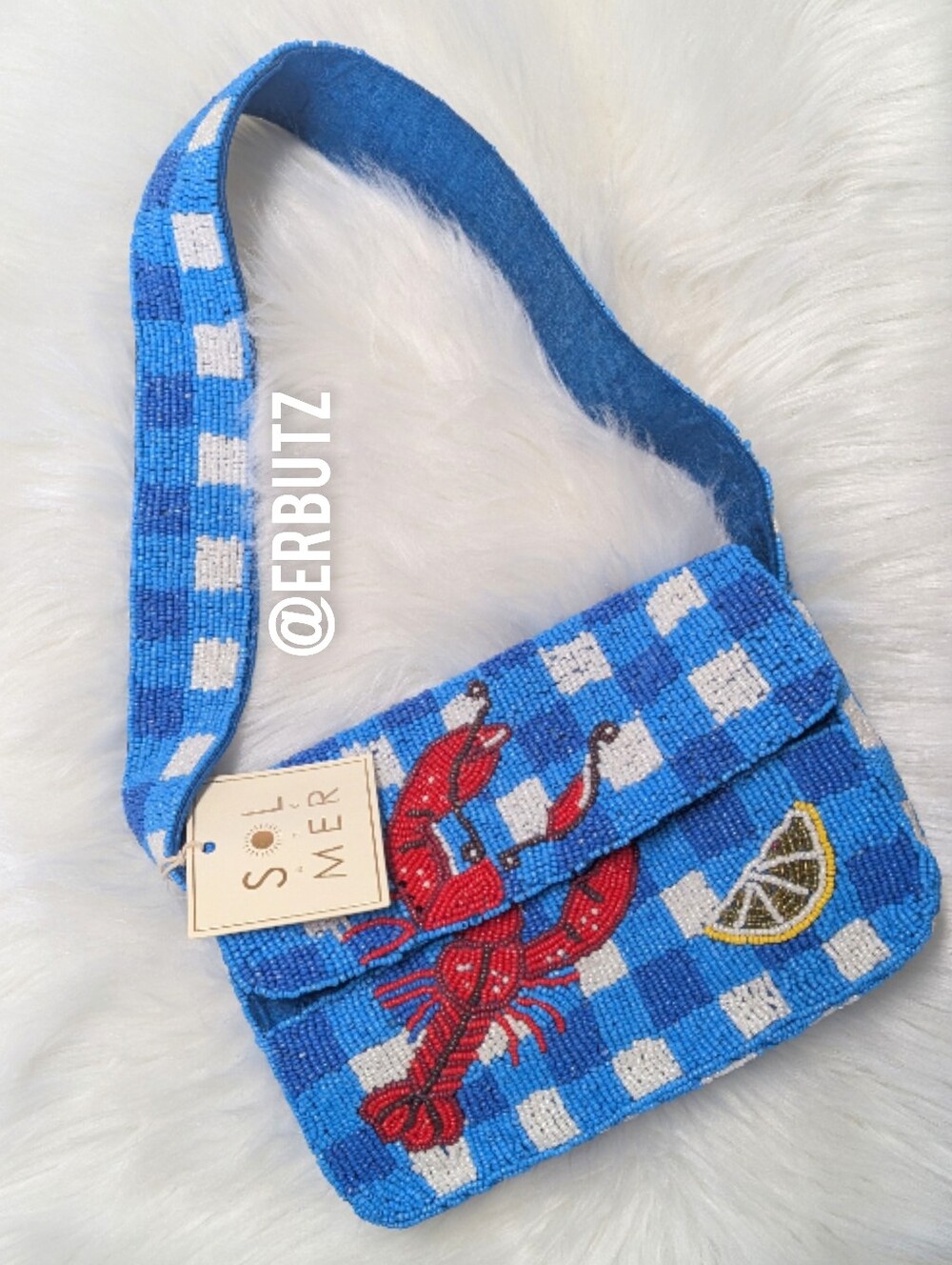 Viral 🎥 SOL and MER Blue Gingham Beaded Lobster and Lemon Shoulder Bag 🦞